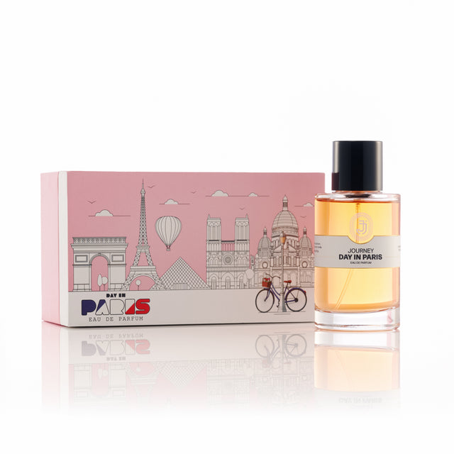 Perfume bottle labeled 'Day in Paris' with a matching pink box featuring Paris-themed illustrations on a white background.