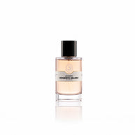 Perfume bottle with a black cap and white label on a white background Goodbye Milano