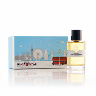 Perfume bottle and packaging with 'Lost in London' design on a white background