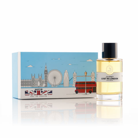 Perfume bottle and packaging with 'Lost in London' design on a white background