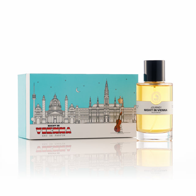 Perfume bottle labeled 'Night in Vienna' with a decorative box featuring a cityscape design.